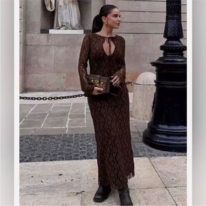 Zara Brown Lace Maxi Dress